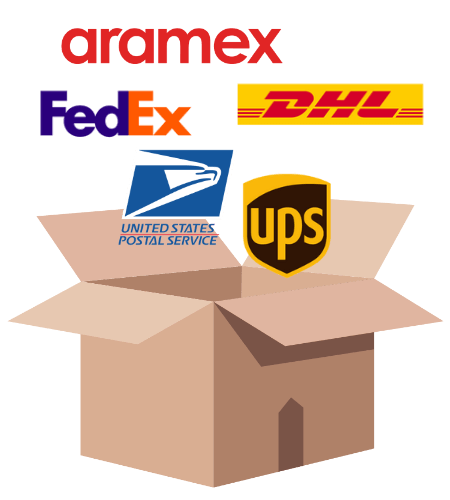 Aramex, FedEx, DHL, United States Parcel Service, and UPS shipping carrier logos above a parcel box