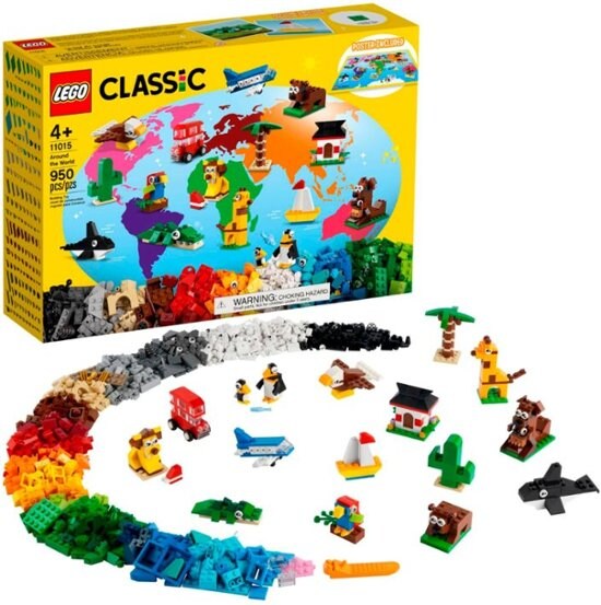 950 piece classic lego set featuring animals, automobiles, trees, houses, whales, giraffes, and smaller leggo pieces