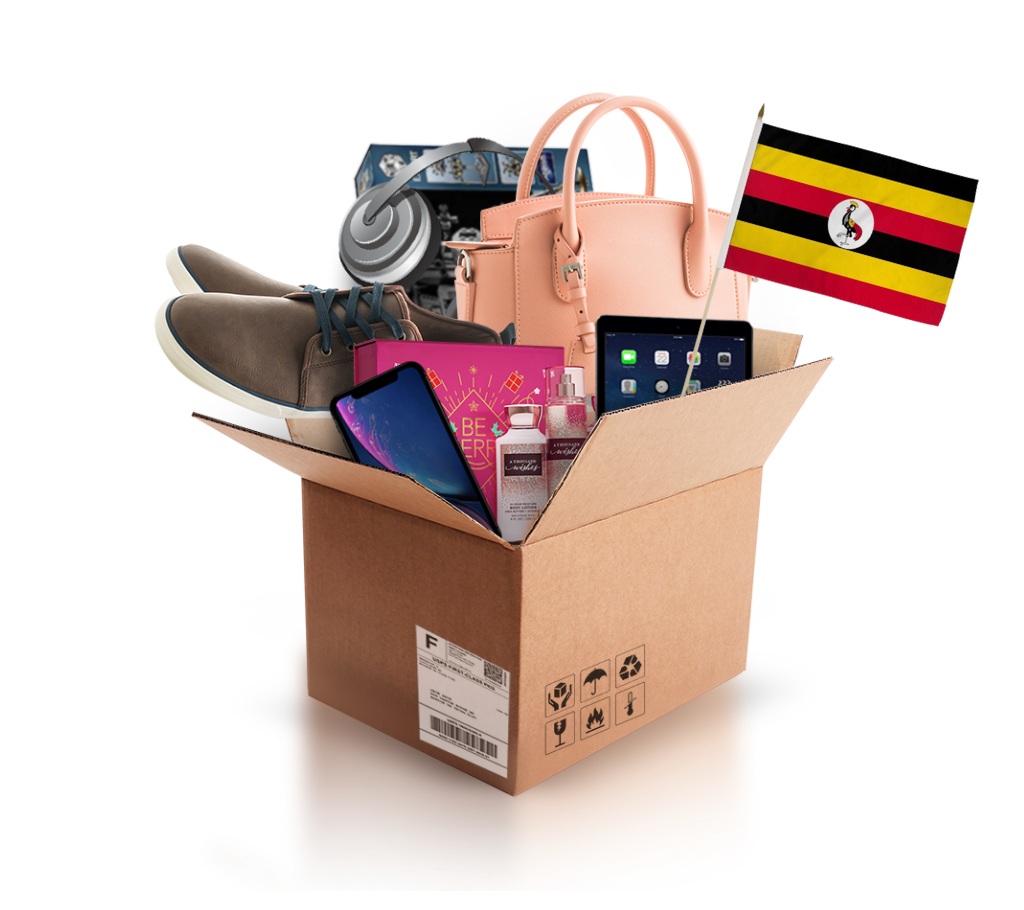 box with various products and the flag of uganda