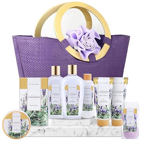 purple luxurious gift basket with a10 pieces including bath bombs, body lotion, bubble bath, and other relaxing gifts 