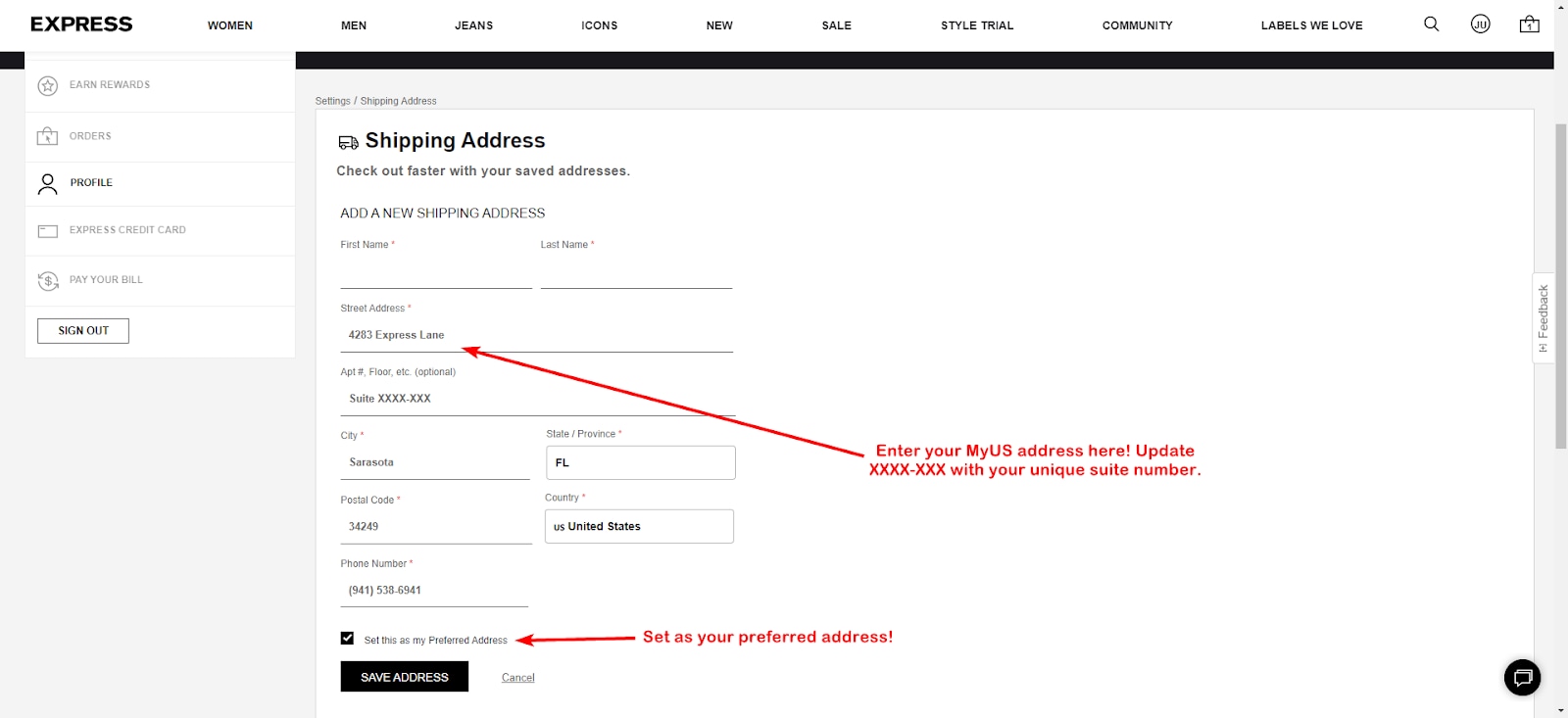 Add Your MyUS Address to Express Account Checkout