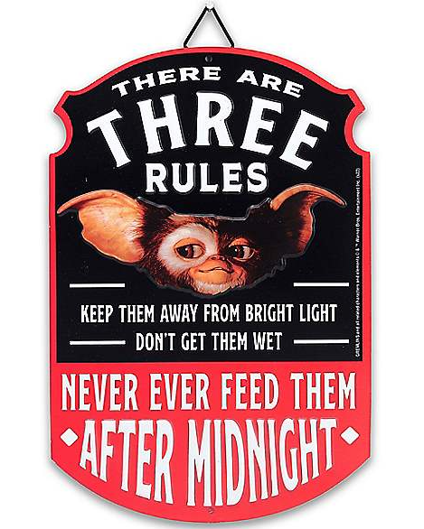 Image of the three rules for gremlins with image of gizmo