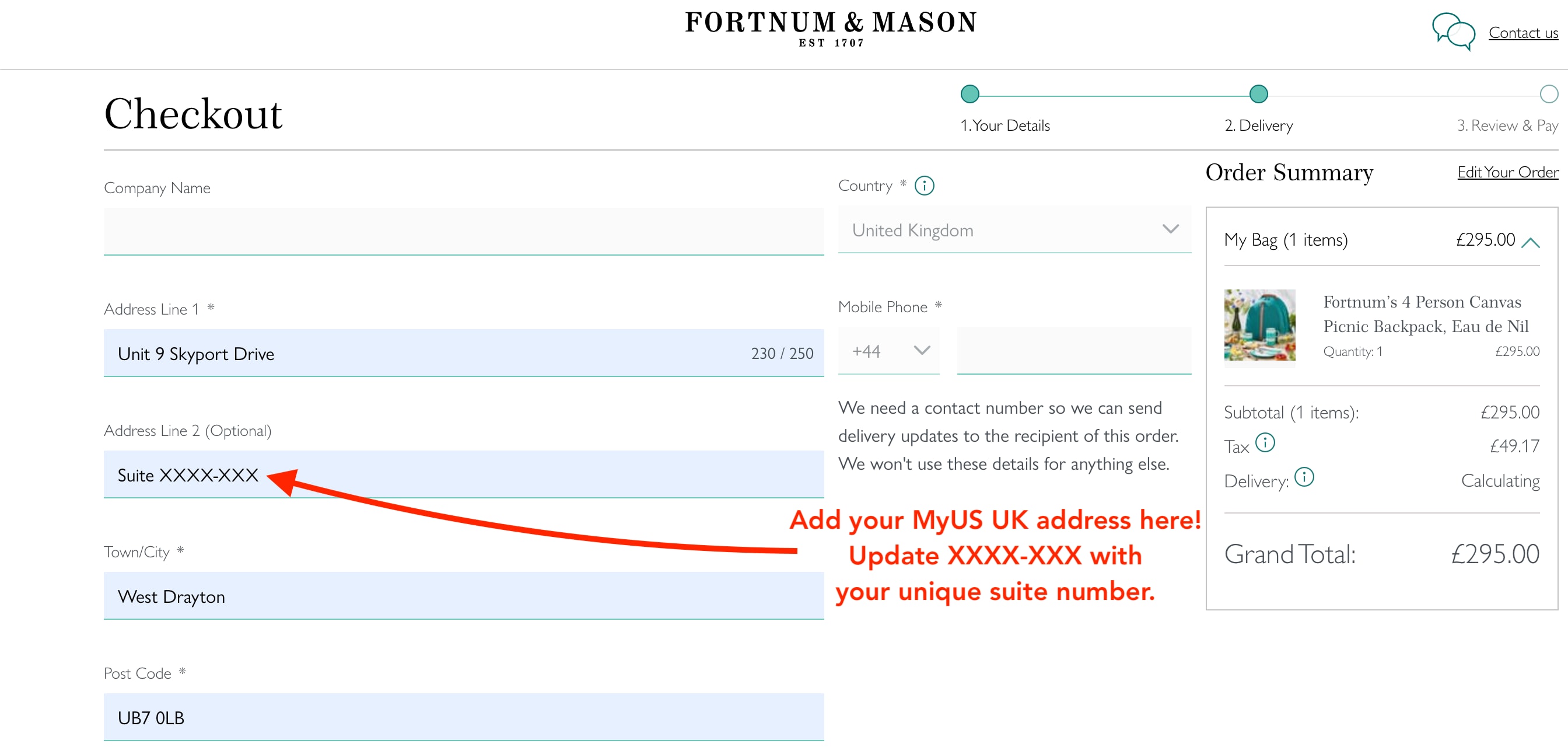 Add MyUS Address to Fortnum & Mason Guest Checkout