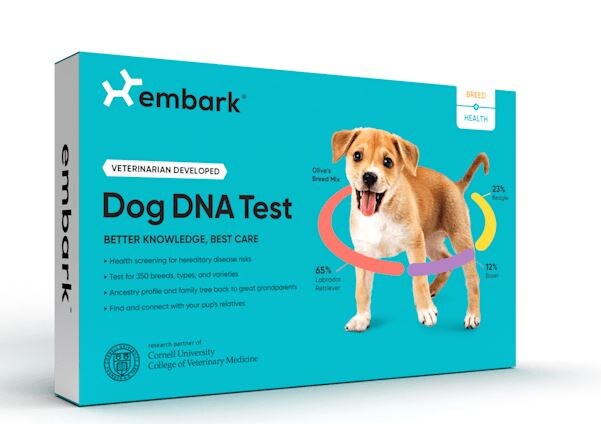 embark dna test teal box with small dog on front