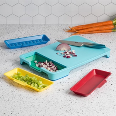 Blue Tasty Poly Cutting Board with 5 Colorful Removable Trays