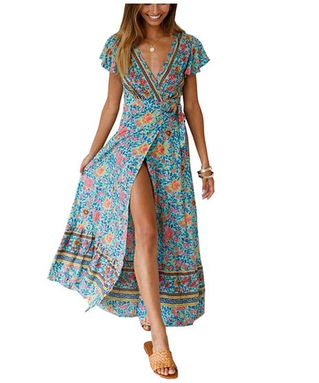 PRETTYGARDEN Women's Long Sleeve Vintage Wrap Dress Floral Print V-Neck  Maxi Dre