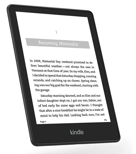 Black Kindle Paperwrite e-reader displaying the first page of an e-book
