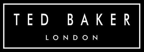 Simple white Ted Baker London logo on a black background with a white border