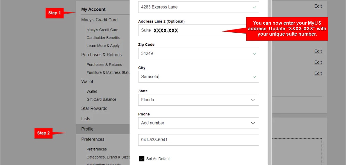 Adding MyUS address to Macy's account