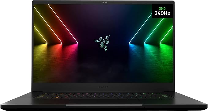A black Razer Blade 15 Gaming Laptop with NVIDIA GeForce RTX 3060-12th Gen Intel 14-Core i7 CPU with red, green, yellow, orange, and blue colors on a screensaver