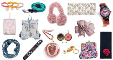 Fashion accessories for kids, including ear warmers, wallet, watch, ribbon, keychain, etc.