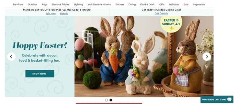 A screenshot of World Market’s homepage promoting their Easter sale, with a punny “Hoppy Easter” CTA in light green on the left side and a photo of their selection of bunnies and eggs on the right