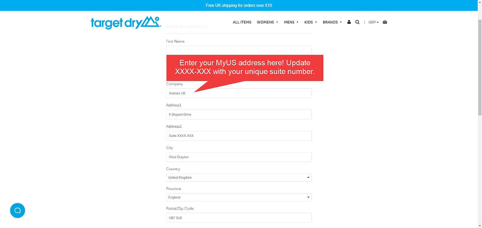 Add MyUS Address to Target Dry Member Checkout