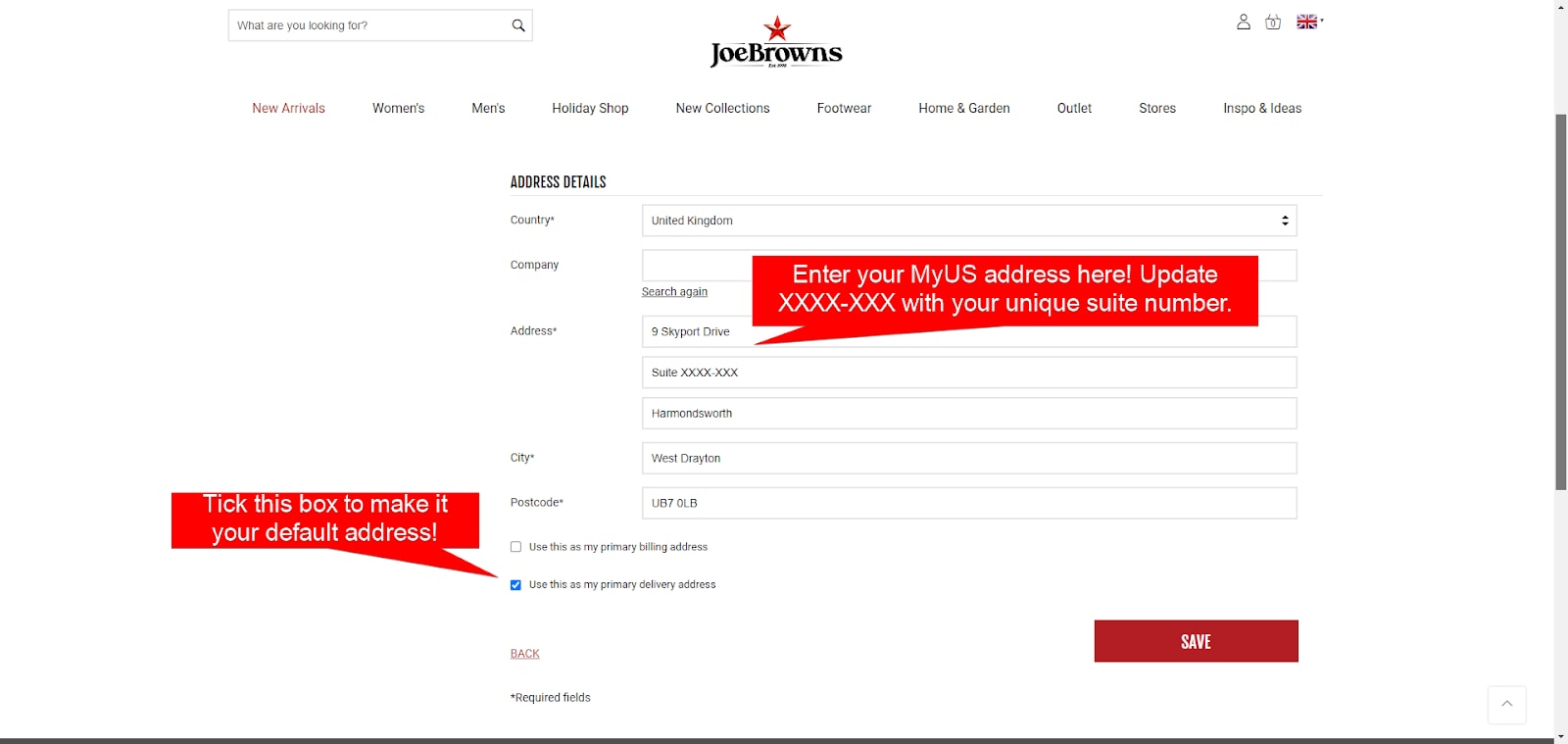 Add MyUS Address to Joe Browns Member Checkout