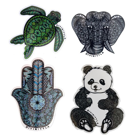 Four sticker designs from the DivinityLA sticker pack with a sea turtle, elephant, panda, and hamsa design