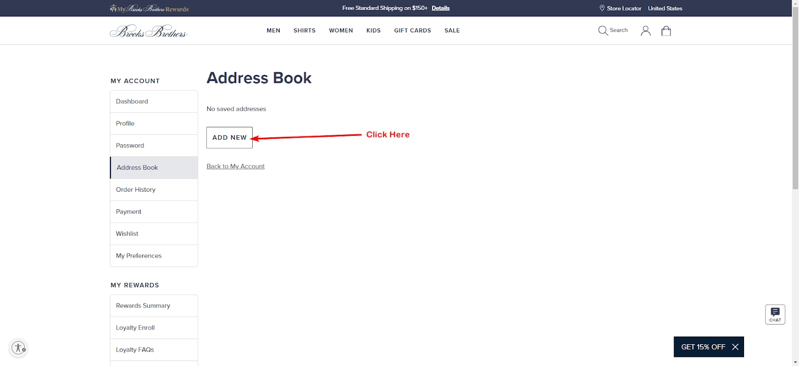 Add MyUS Address to Brooks Brothers Member Account