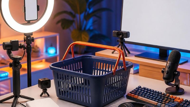 a ring light, smartphone tripod, small wireless microphone, portable photo printer producing a blank photo card, drawing tablet, webcam, colorful mechanical keyboard, external hard drive, memory card, phone stabilizer, headphones, and podcast microphone.