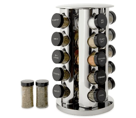 Kamenstein Revolving 20-Jar Countertop Rack Tower Organizer with Polished Stainless Steel with Black Caps 20-Jar Classic Cap Rack