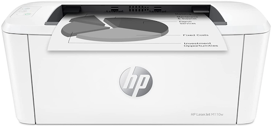 Alt: A white HP LaserJet M11w Wireless Monochrome Printer with a grey and white HP logo and a black and white pie chart paper