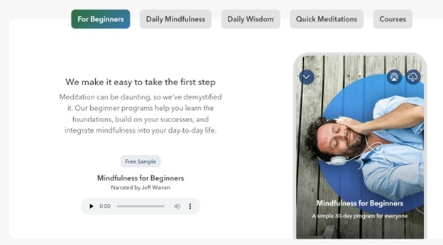 Screenshot from the Calm website showing a mindfulness meditation for beginners and other options