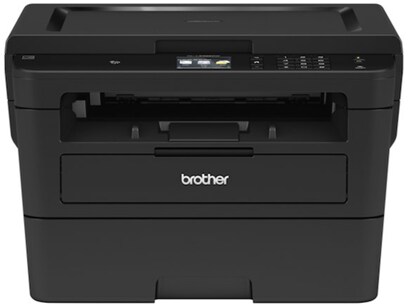 A black Brother HL-L2395DW Monochrome Laser Printer with a digital screen and the logo in white letters