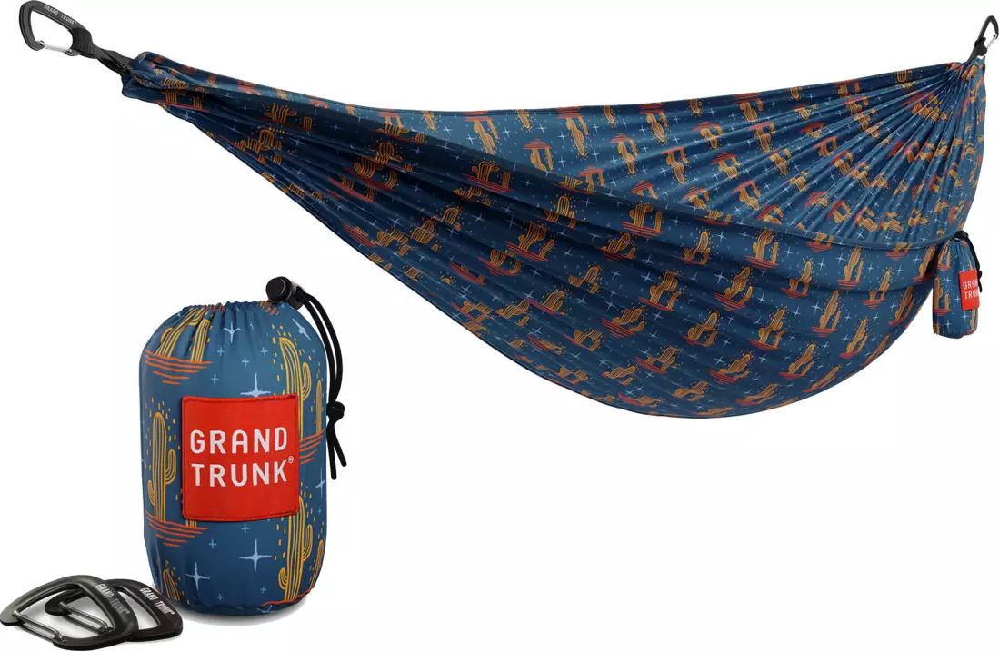 portable double printed hammock with small cactus images with bag and reflective end loops