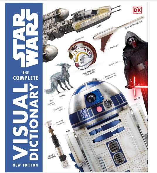 The cover of the Star Wars Complete Visual Dictionary with the title in white and blue on the left, and notable Star Wars characters and their descriptions, including R2D2, Kylo Ren, Obi Wan’s lughtsaber, and several others on the right side.