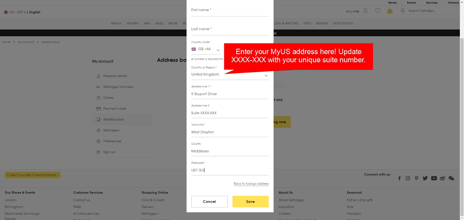 Add MyUS Address to Selfridges Member Checkout