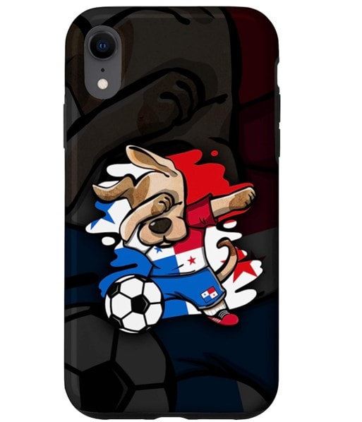 A black iPhone XR phone case with a dog playing football dressed in Panama’s national colors 