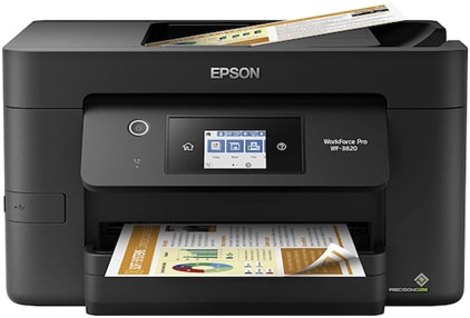 A black Epson Workforce Pro WF-3820 Wireless Color Inkjet All-in-One Printer with a white and blue touch screen and pieces of orange and white paper