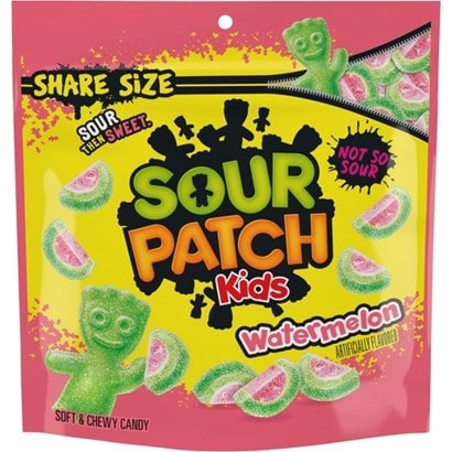 A pink and yellow pack of watermelon-flavored Sour Patch Kids with watermelon-like candies scattered around and the colorful Sour Patch Kids logo in the middle
