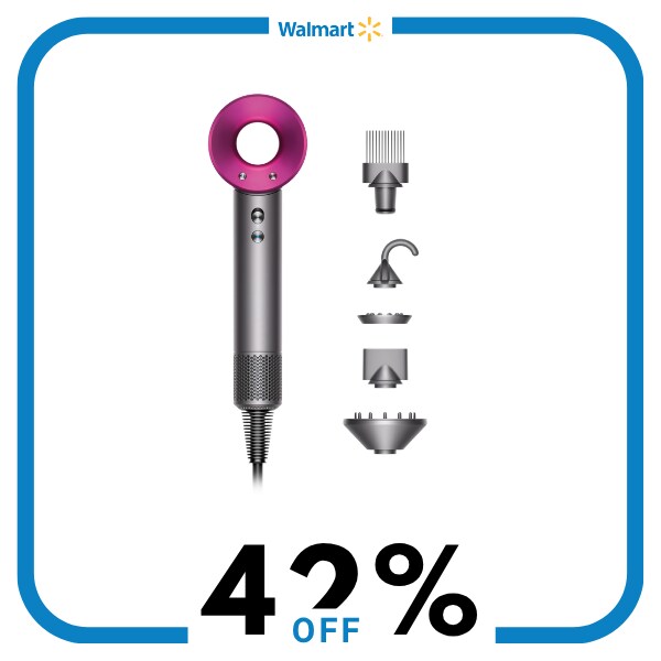 A purple and grey blowdryer with five attachments