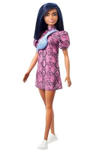 Barbie fashionistas doll in pink and black snakeskin dress with blue cross body bag and white sneakers