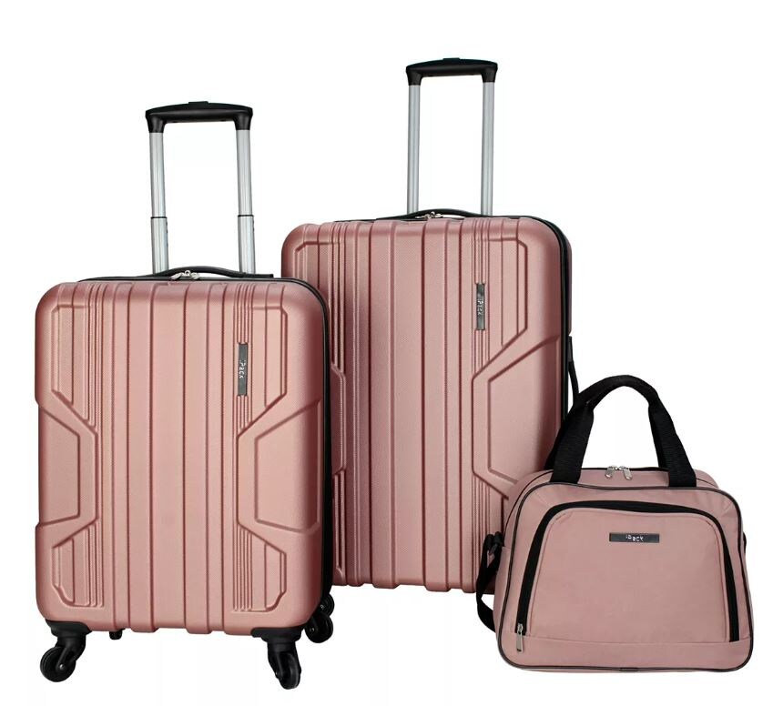 three piece pink hard case luggage set, with duffel bag, carry-on, and large size suitcase
