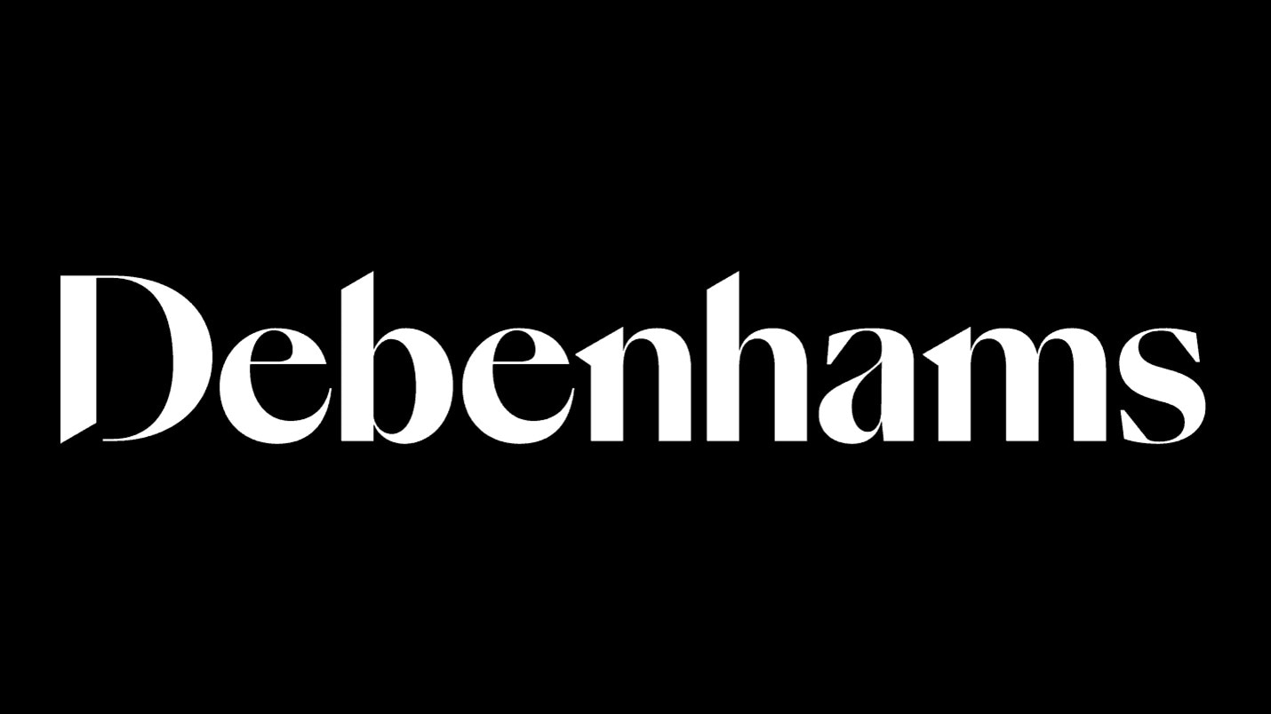 The Debenhams logo in white letters on a black background