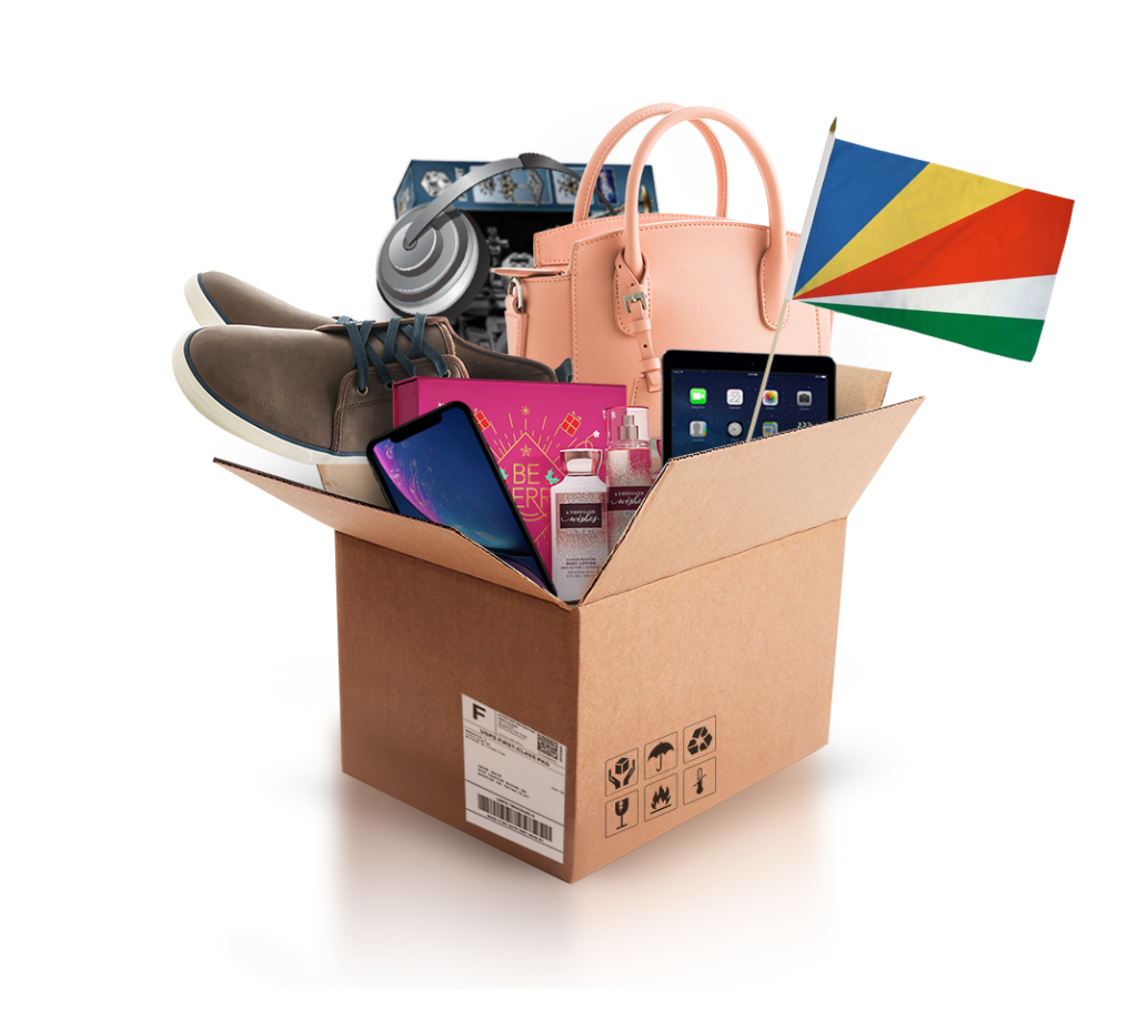 box with various products and the flag of seychelles