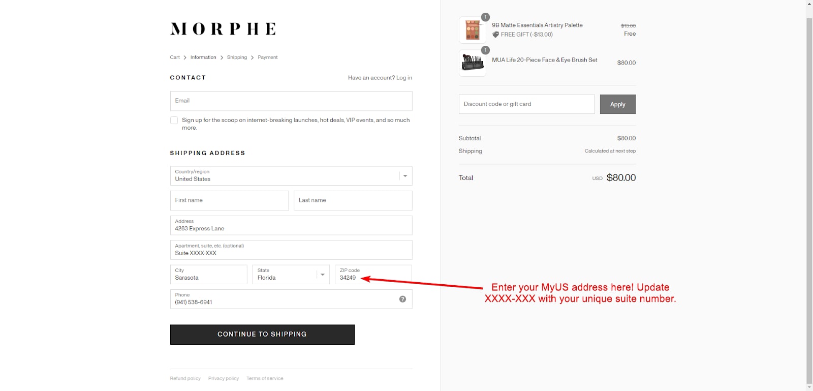 Add MyUS Address to Morphe Guest Checkout