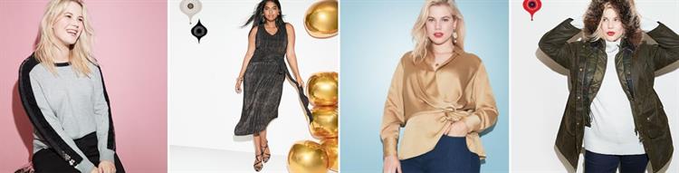 Four women modeling plus size clothing from Nordstrom, including a gray sweater with black stripes, sleeveless dress, gold top, and army green parka