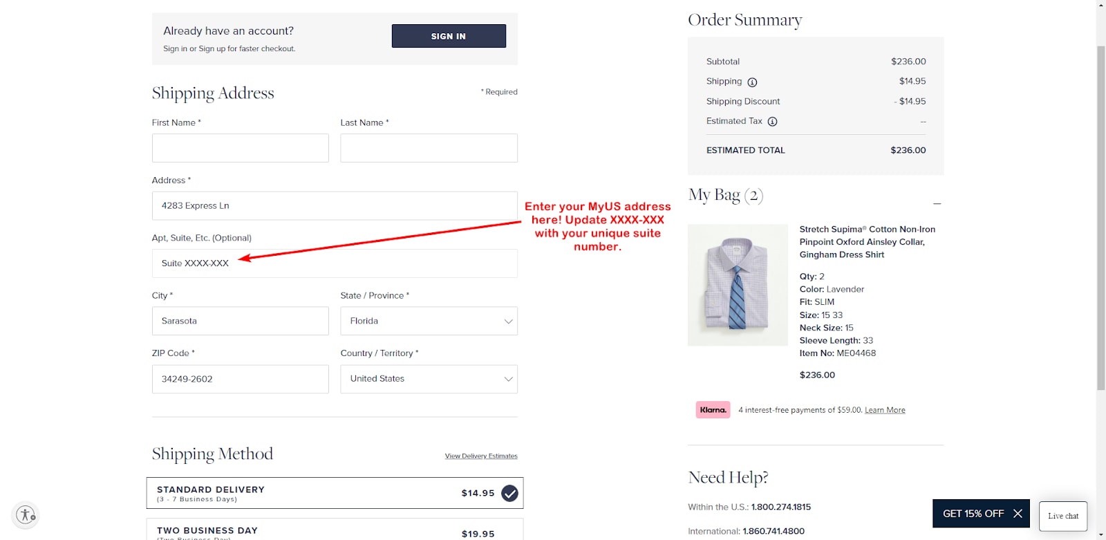 Add MyUS Address to Brooks Brothers Guest Checkout