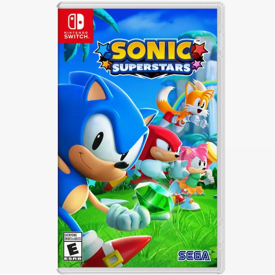 Sonic, Tails, Amy, and Knuckles on the front cover of the Nintendo Switch Edition of Sonic Superstars 