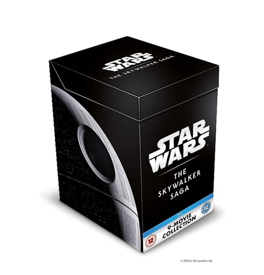 A simple black box of the 9-movie collection Star Wars Skywalker Saga with the Death Star on the side of the box and the Star Wars logo on the top