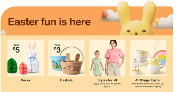 yellow easter graphic with photos of products and prices