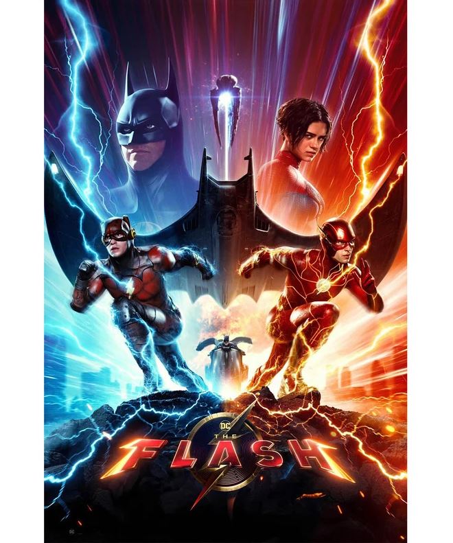 The Flash movie poster featuring Two Flash characters, batman, and supergirl