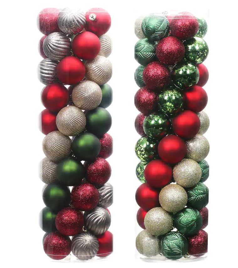 50 count plastic christmas ornamments in silver, red, gold, and green