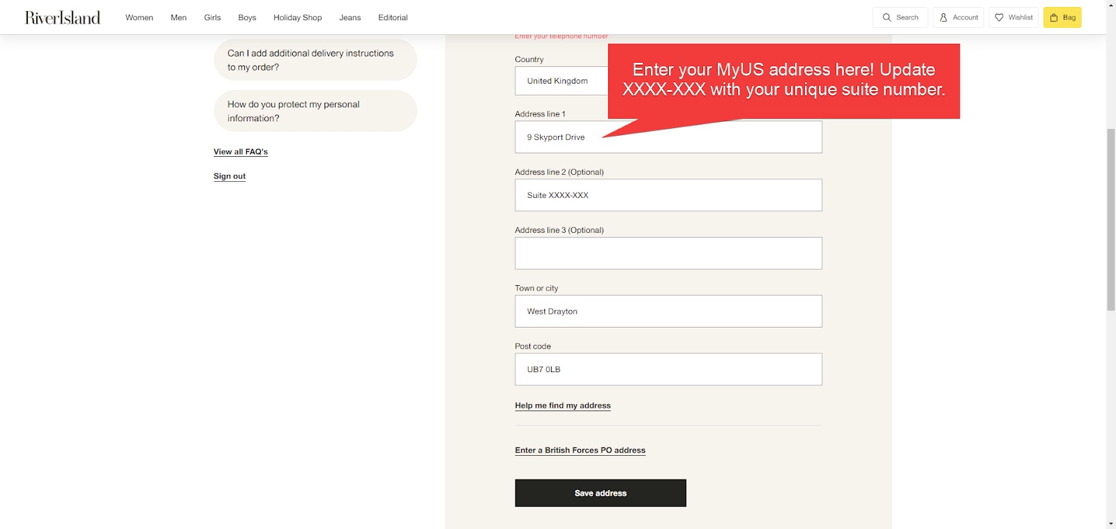 Add MyUS Address to River Island Member Checkout
