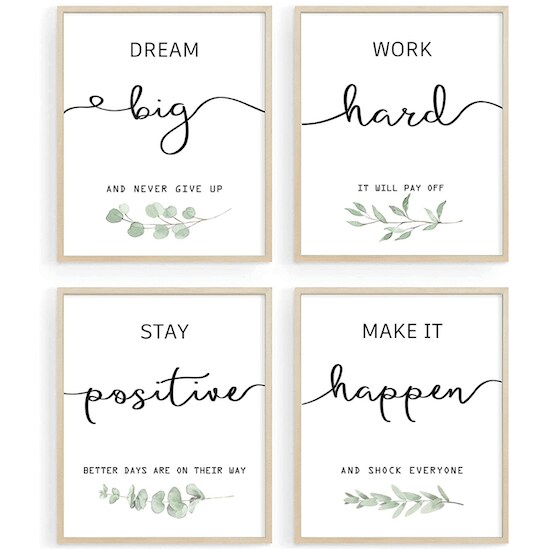 Four white Howwii Inspirational Wall Art Office Decor Frames with black letter words and green leaves with beige outlines
