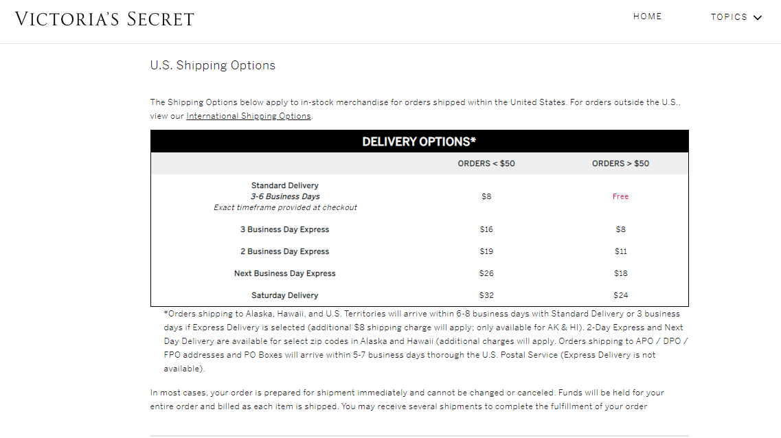 Victoria's Secret domestic shipping prices