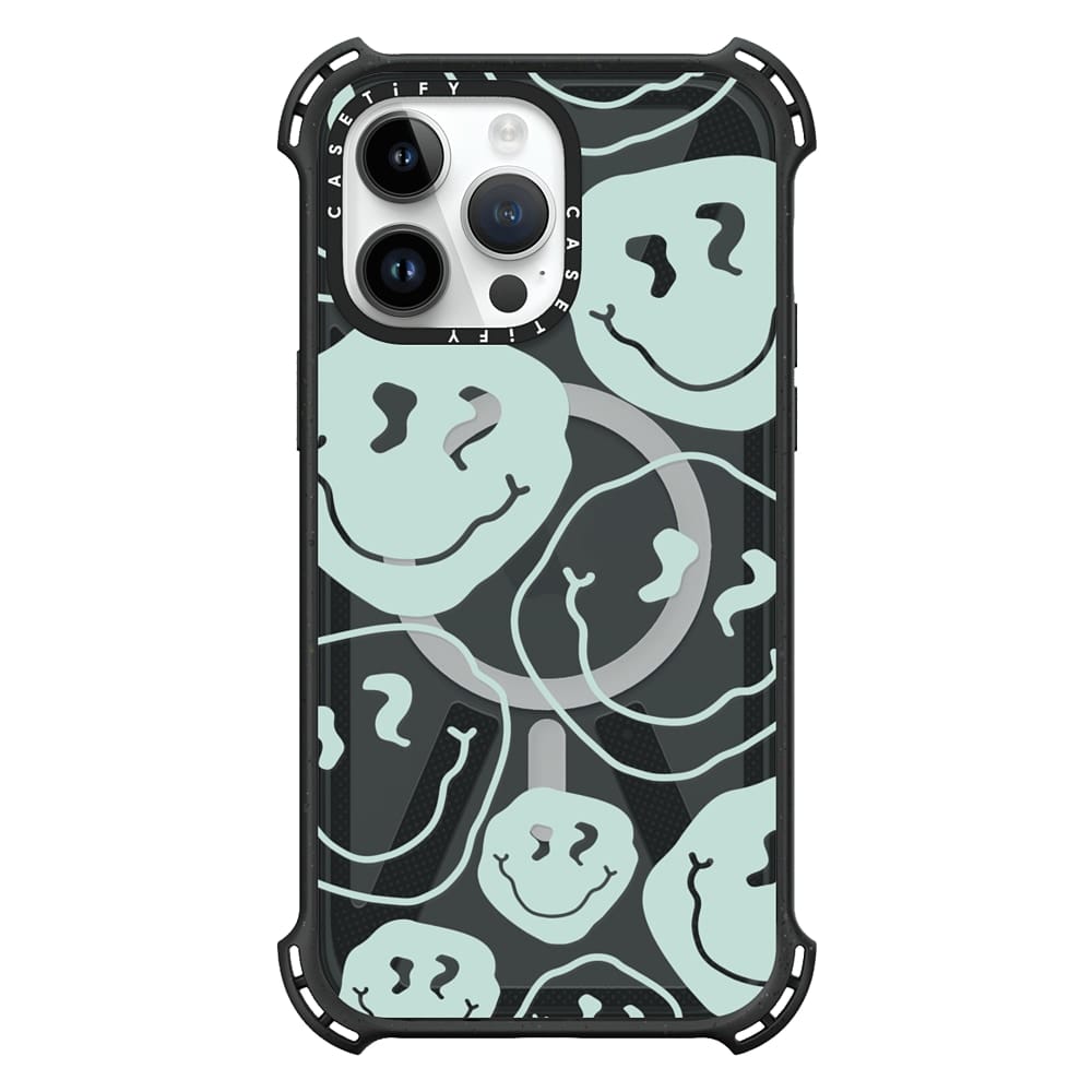 aqua and transparent style bounce case with smiley faces from casetify