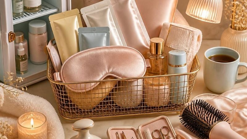 a heated eye mask, satin pillowcases, small unbranded fragrance bottles, a miniature skincare refrigerator, tea and coffee samples in blank containers, a handheld massage device, warm reading light, generic hair-styling tool, manicure kit, fluffy towel, and small candle