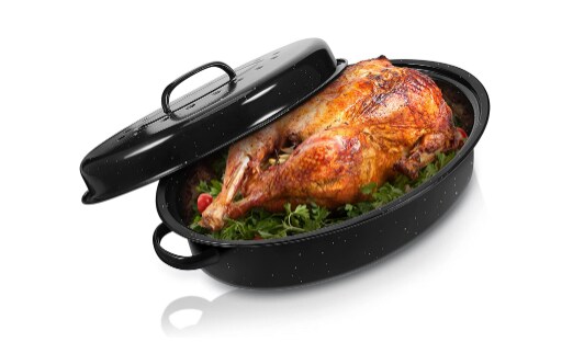 Turkey Roasting Pan with Lid 4.8 Quart 14.5 Inch Non Sticky Safe Speckled Black Enamel Pot